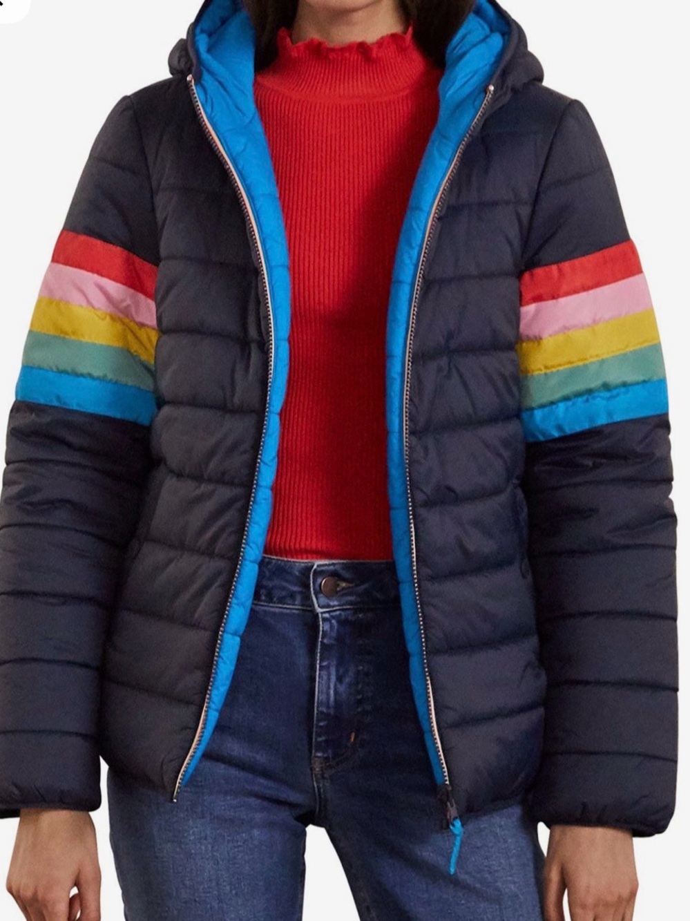 Boden Navy Reversible Puffer Jacket with Rainbow Sleeve Stripes